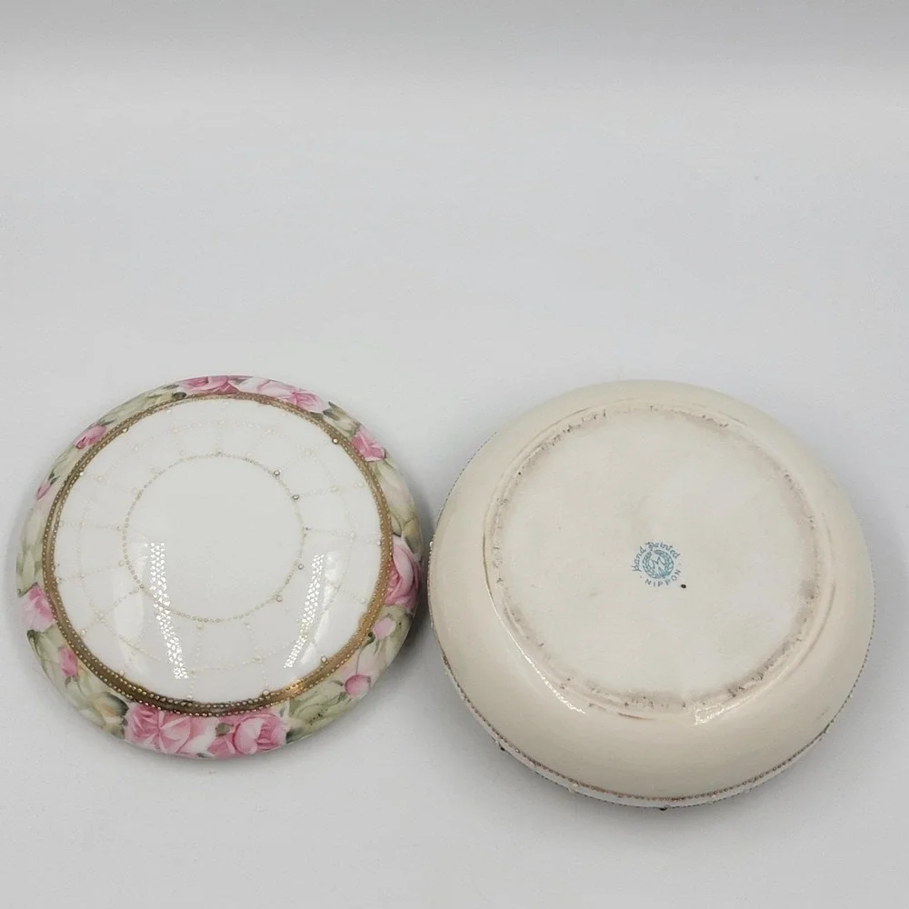 Vintage Hand‎ Painted Nippon Floral Trinket Box with Lid Gold Trim
